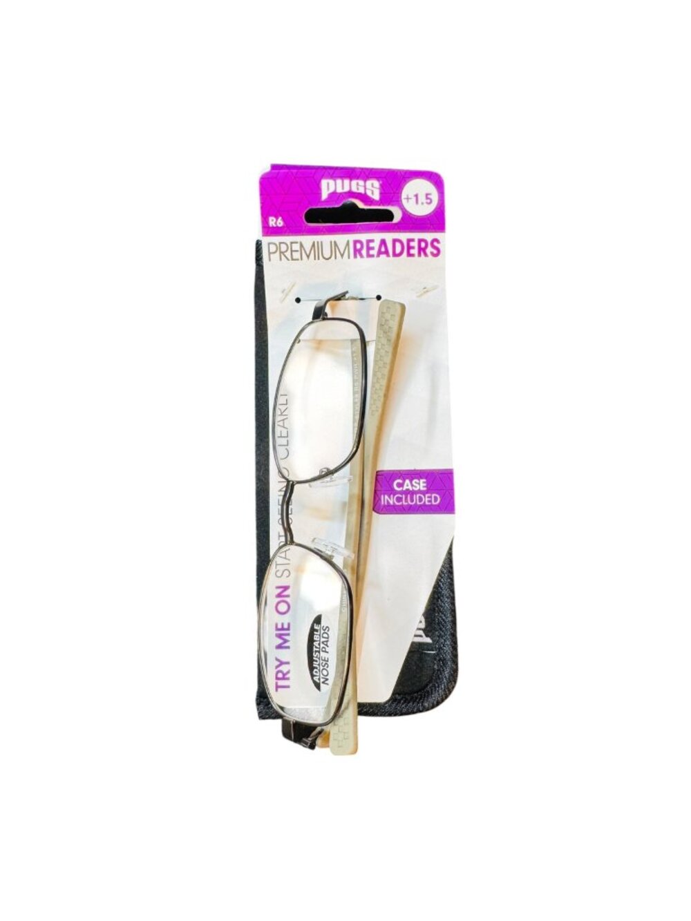 Pugs Premium Readers +1.5 Gunmetal Frame With Adjustable Nose Pads Case Included